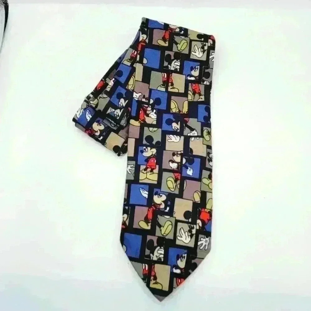 Vintage Geometric Checker Mickey Mouse Print Men's Neck Tie by Balancine